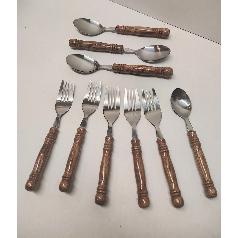 Vintage 9 Piece Flatware Set Stainless Steel Wood Grain Handles Forks Spoons